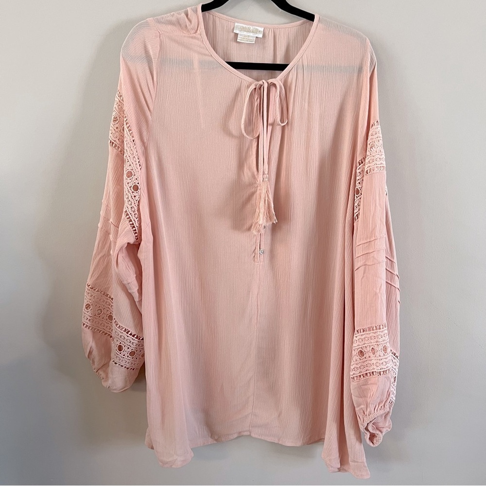 Starling reine Long crochet sleeve tunic top blouse Ladies size m 18 Blush pink